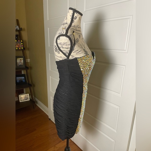 La Femme Rhinestone Jewel Rouched Strapless Black Mini Dress Style 16368 - Picture 6 of 10